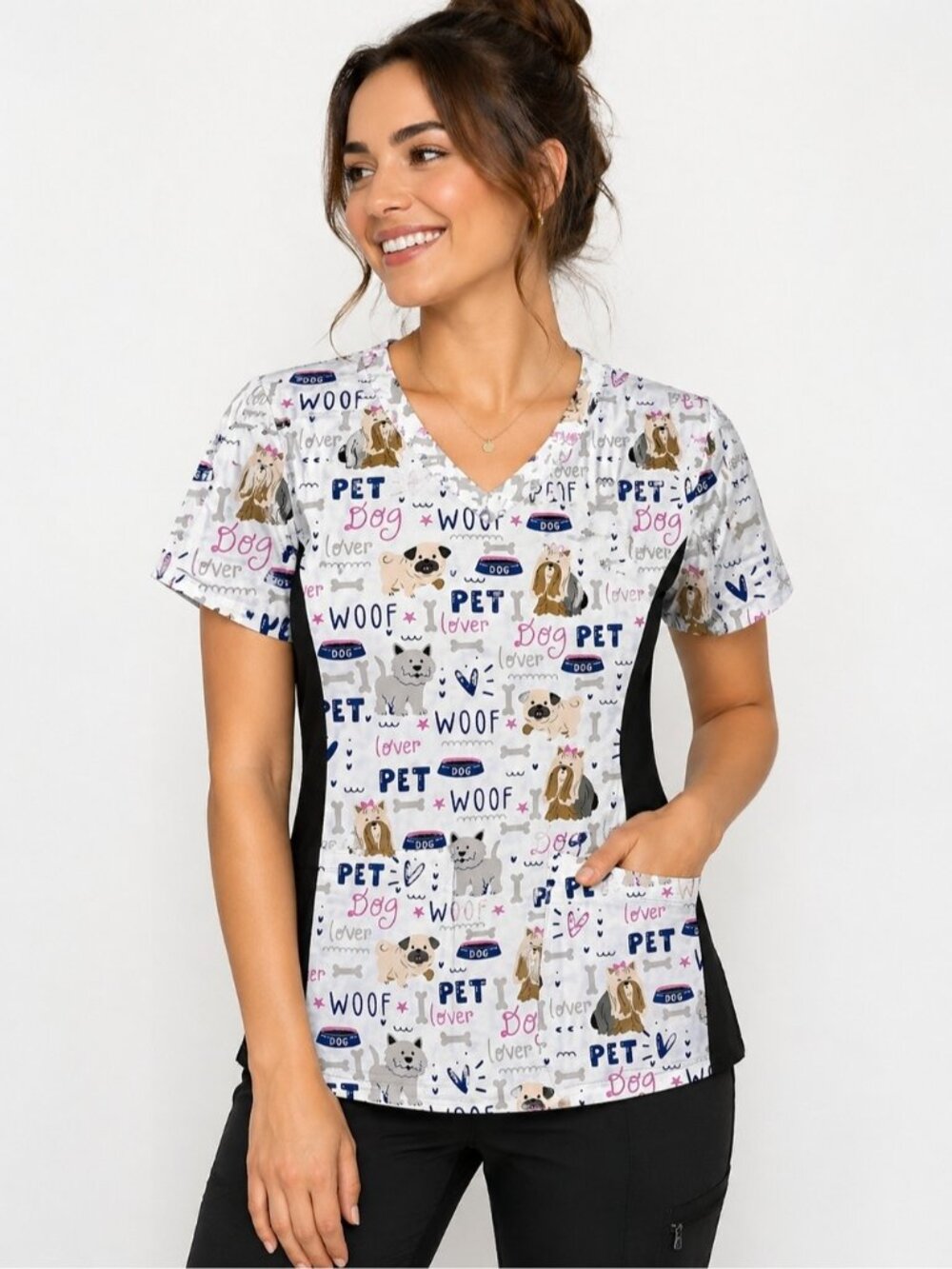 JDM Dog Print Scrub Top Medium Pet Lover V-Neck Nursing Vet Cute Woof Uniform - Picture 3 of 12